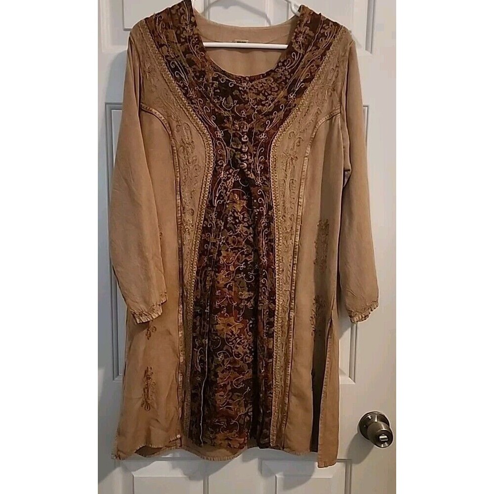 Made In India Long Tunic Top  Brown Hippie Dress Embroidered Boho Medium / Large
